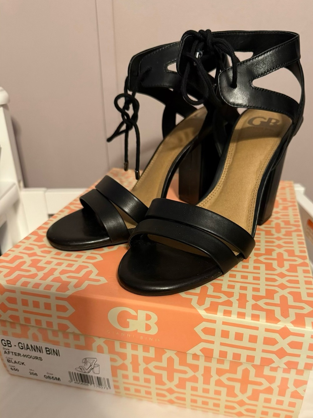 Gianni Bini Black Strappy Block Heel Sandals with Ankle Tie